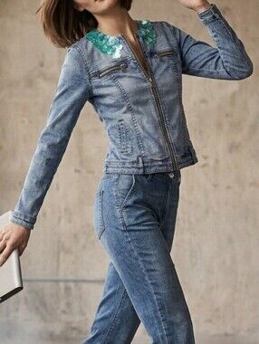 Silvian Heach Sequined Collarless Denim  Jacket XS